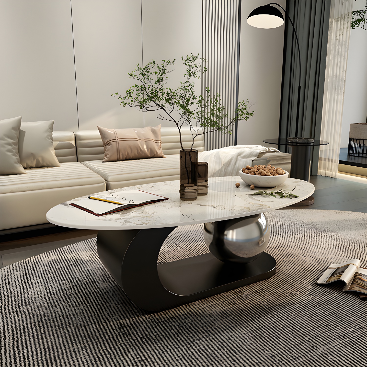 14"H Glam Coffee Table Slate Oval Pedestal Coffee Cocktail Table