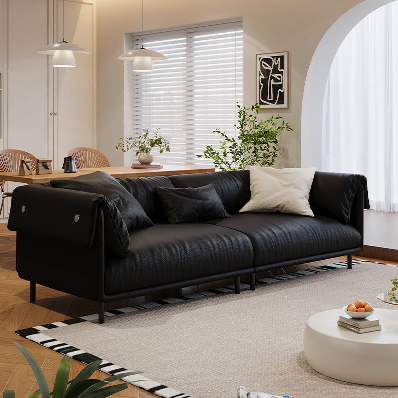 Drawing Room Standard Sofa in Genuine Leather/Flannel with White/Cerulean/Tan Upholstery, Armrest, and 3 Pillows