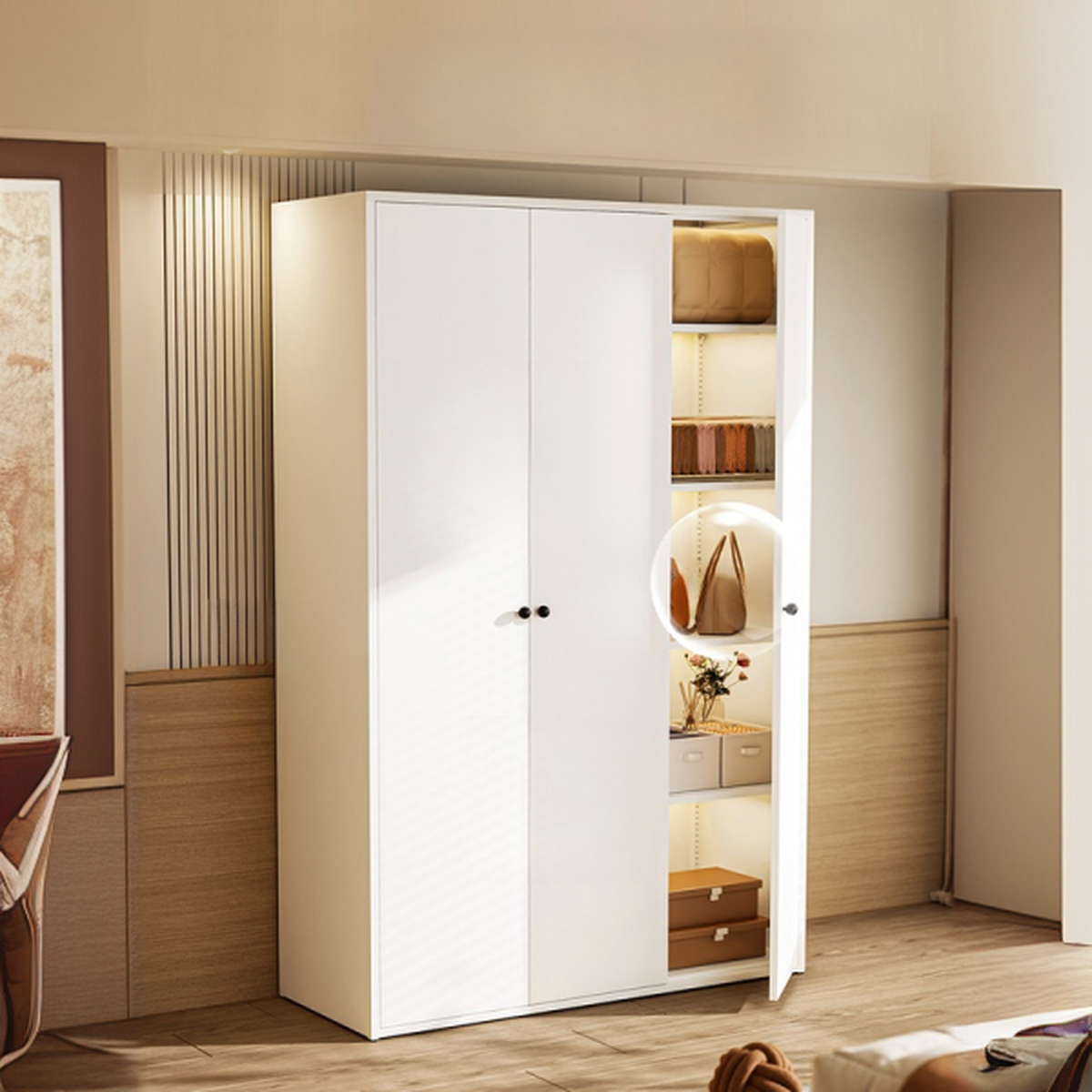 White Modish Steel Armoire Cabinet with Adaptable Shelf and Clothing Rod