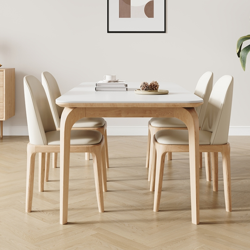 Dining Table Set with Slate Stone Fixed Table, Padded Chair Back for 6 People in White