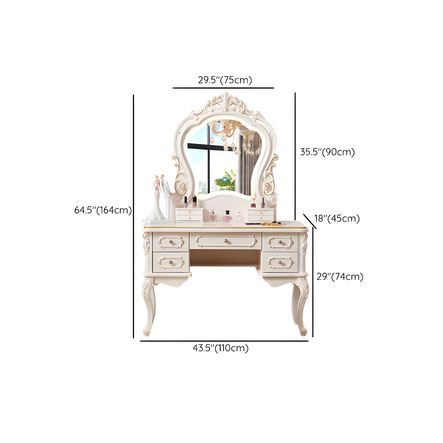 Victorian Make up Table Stool Set with Mirror and Drawers for Bedroom - image 13