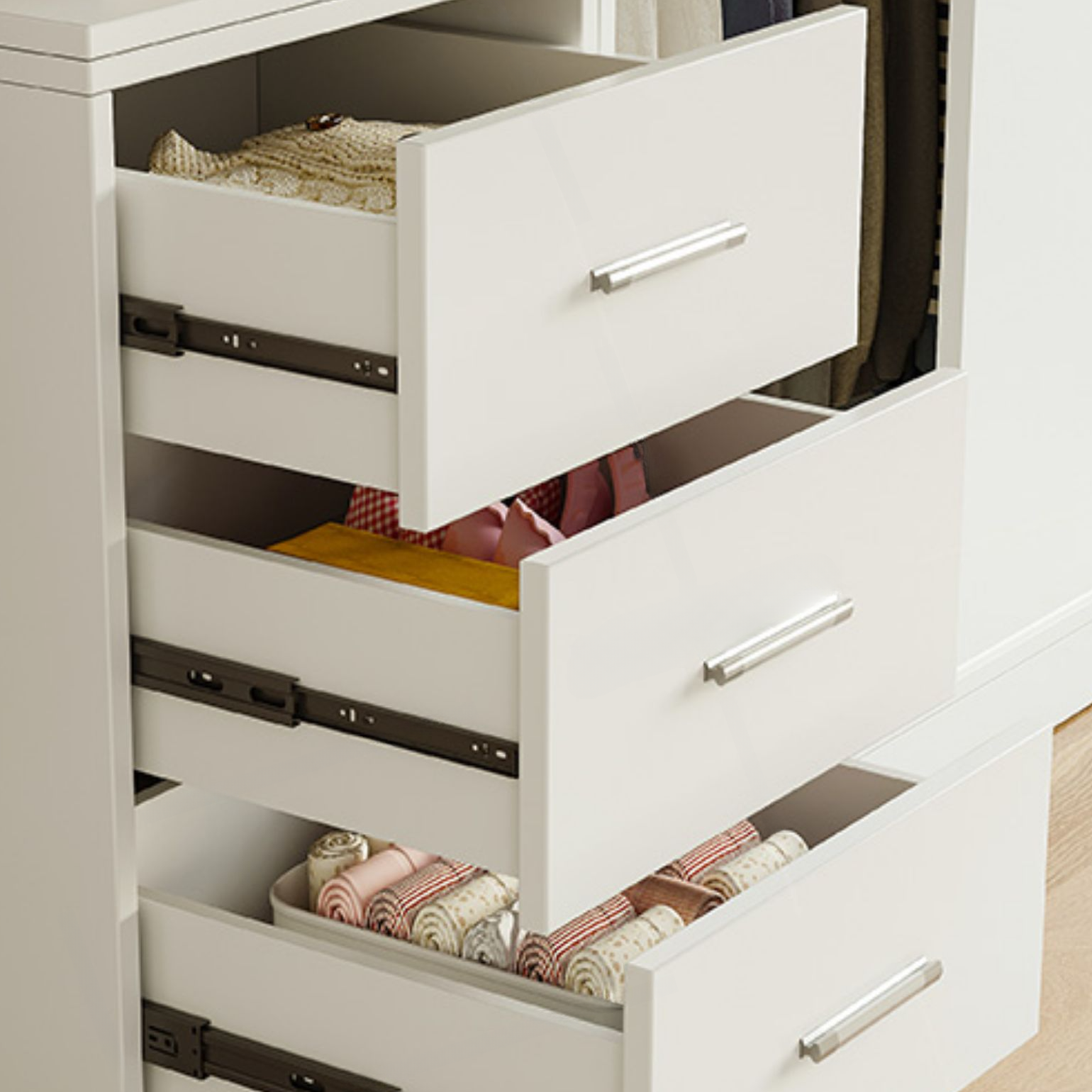 White Modish Manufactured Wood Independent Cabinet Armoire with Soft Close Drawer and Door, Interior Shelves - image 8