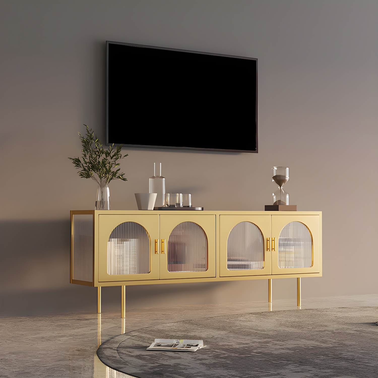 Industrial 4 Doors TV Media Stand Metal and Glass TV Console