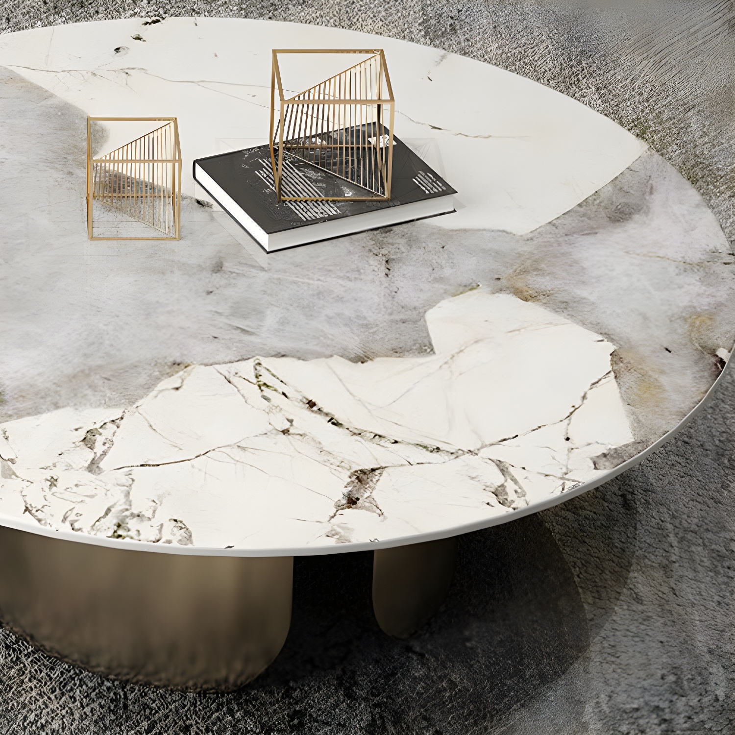 Chic Modern Round Beige Stone Top Coffee Table with Industrial Iron Base - image 8