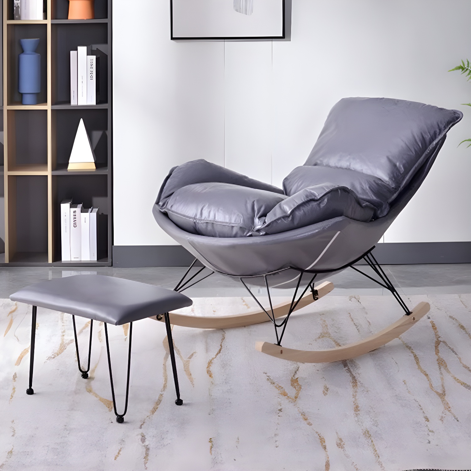 Modern Upholstered Rocking Chair with Ottoman Set - Natural Wood Legs - image 3