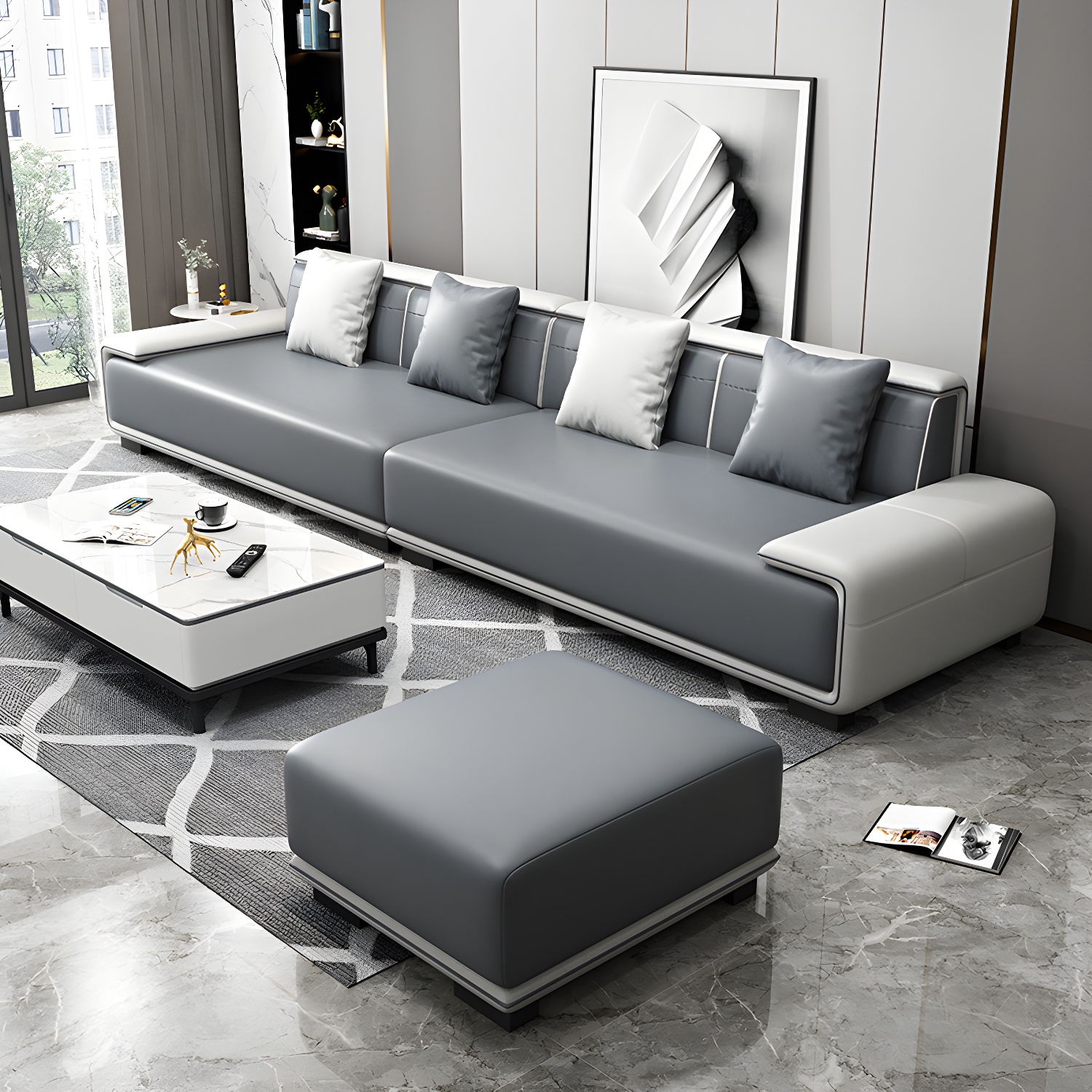 Faux Leather Sofa & Chaise with Pillows Modern U Sofa in Gray - 29.53" H - image 10