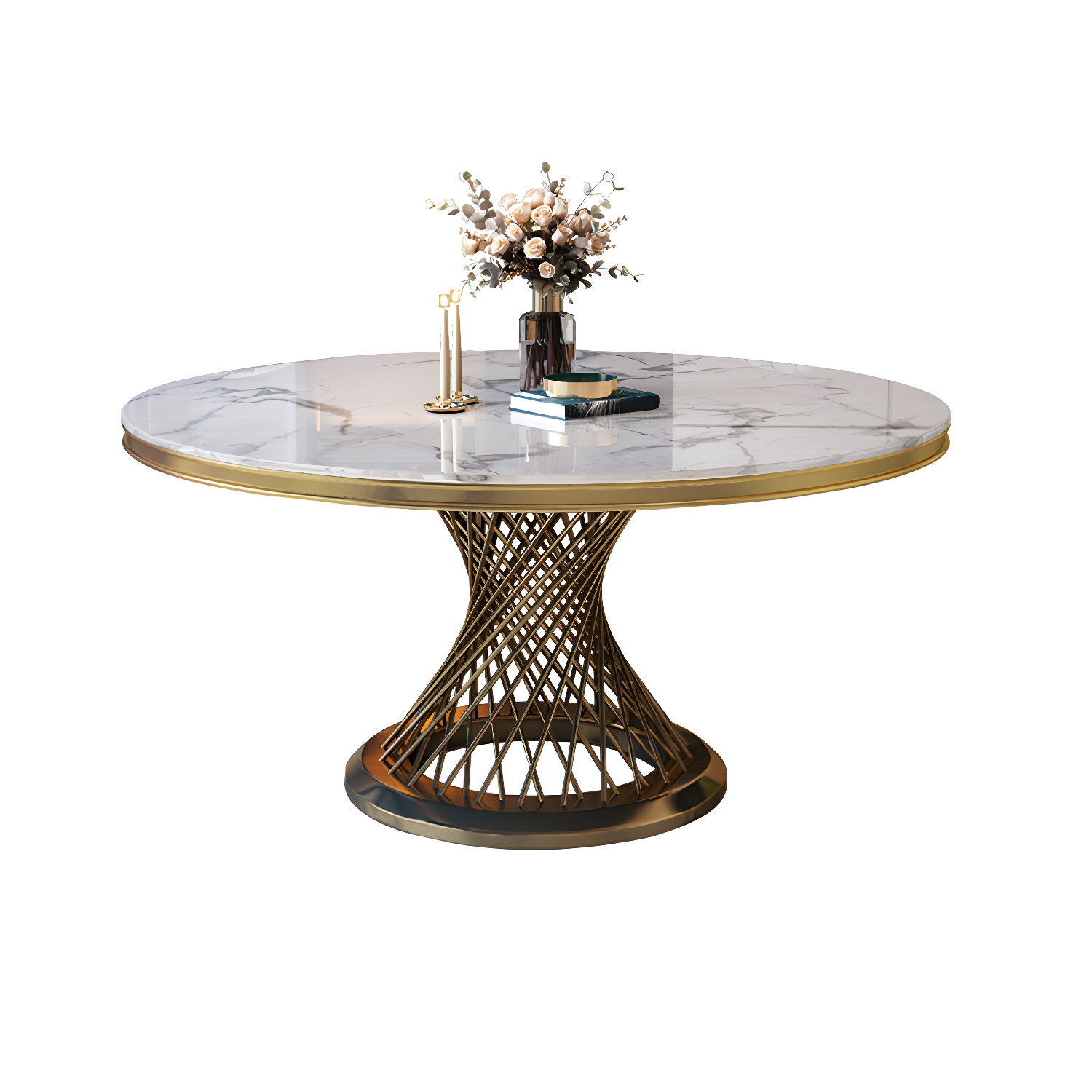 Glam Round Marble Dining Set with Gold Metal Pedestal Base - Fixed Table in White - image 5