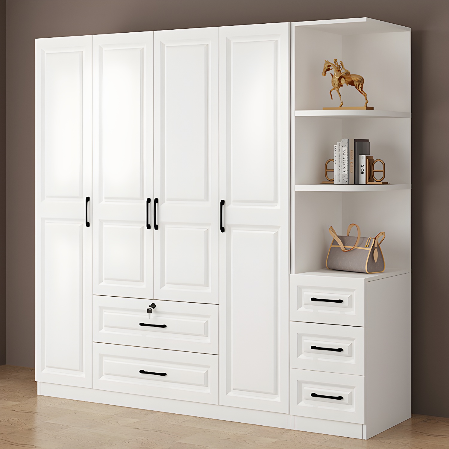 Wood White Modern Wardrobe Armoire with Drawers, Shelves, and Clothing Rod - image 12