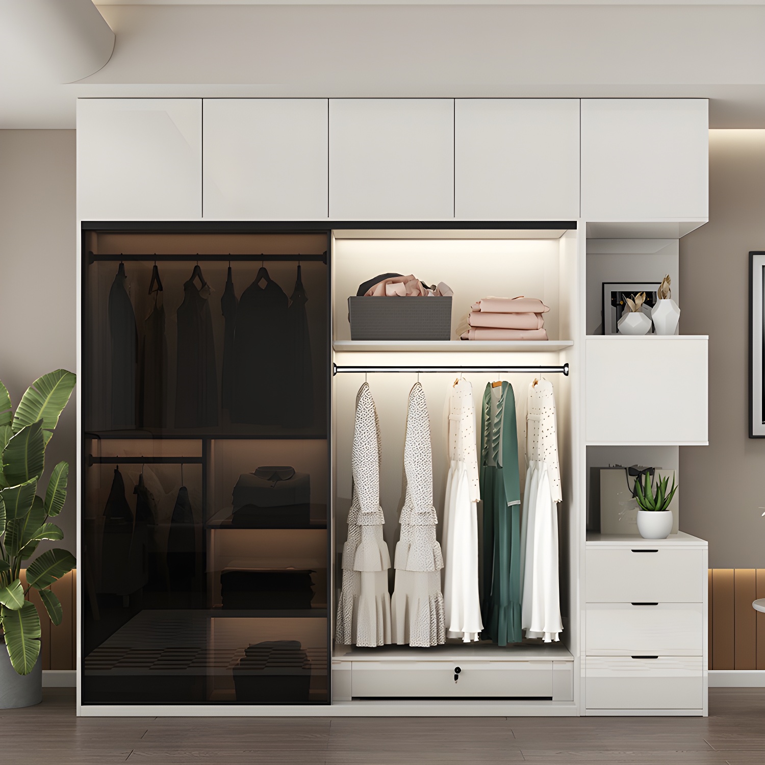 White Glass Wardrobe Rod Included Wardrobe Wardrobe Closet without Light - image 3