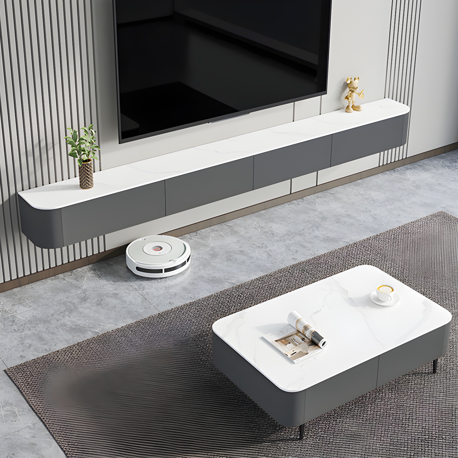 Contemporary Wall-mounted TV Media Stand Wood Frame Slate Top with Storage