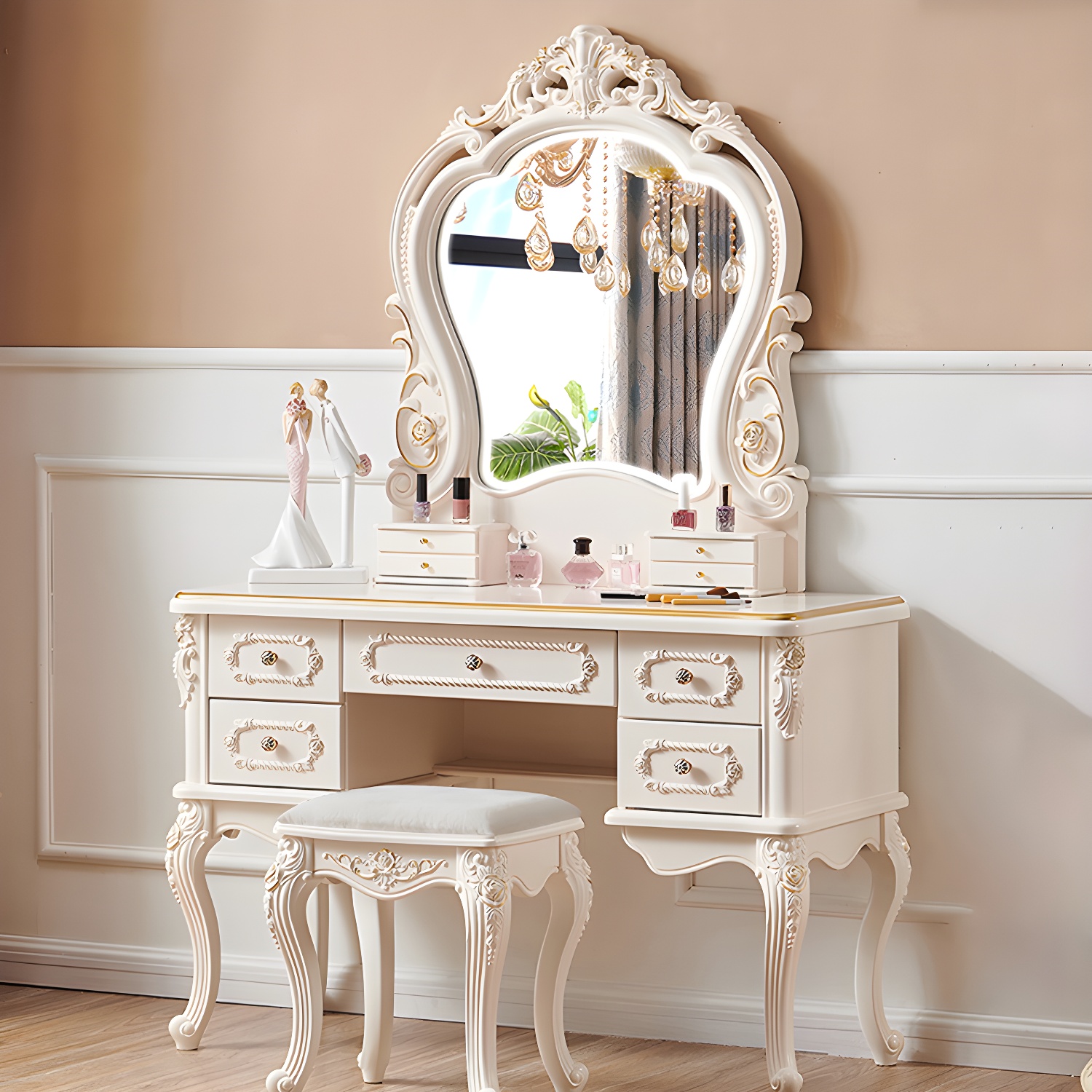 Victorian Make up Table Stool Set with Mirror and Drawers for Bedroom - image 2