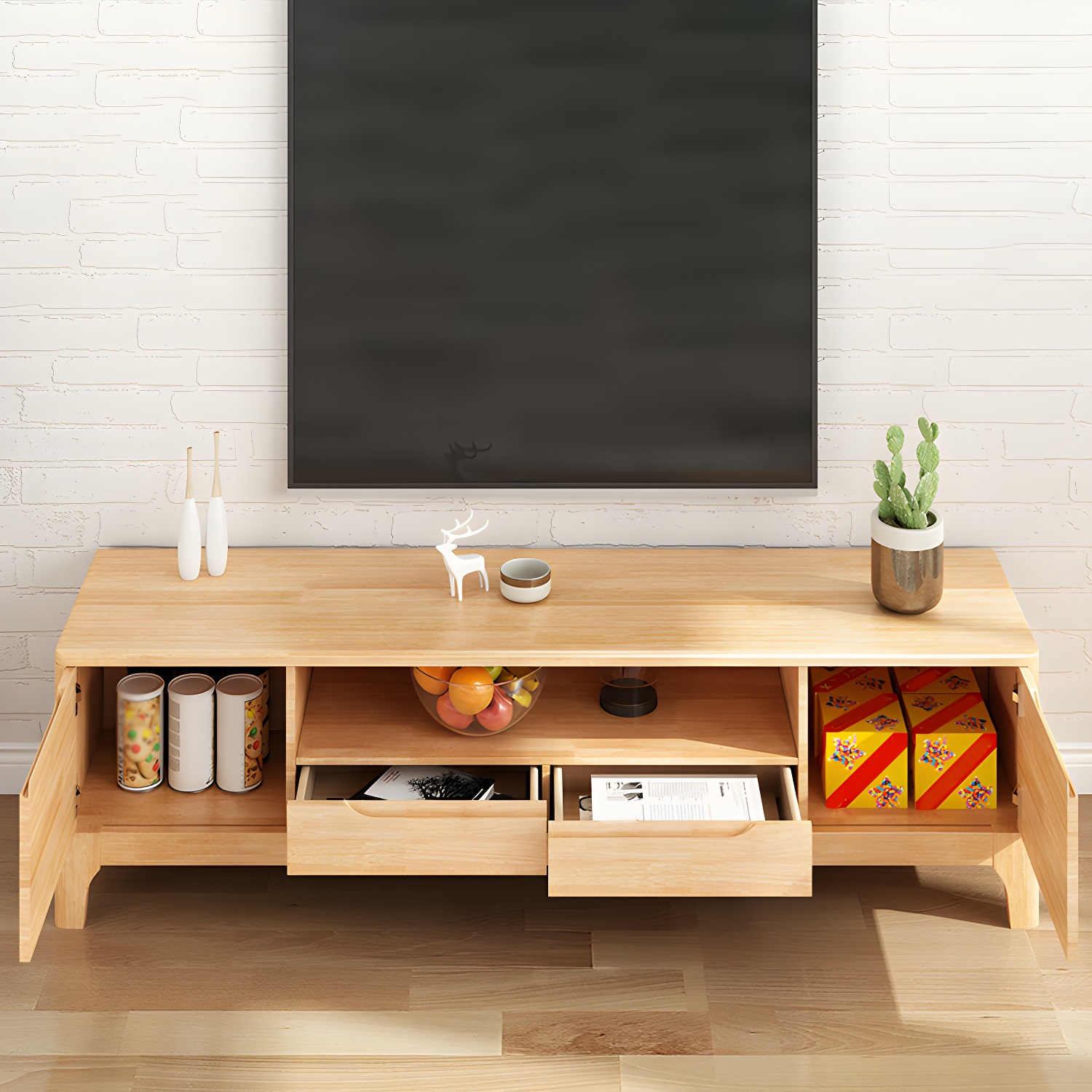 Scandinavian with Drawers Rubberwood with Cabinet TV Media Console - image 8