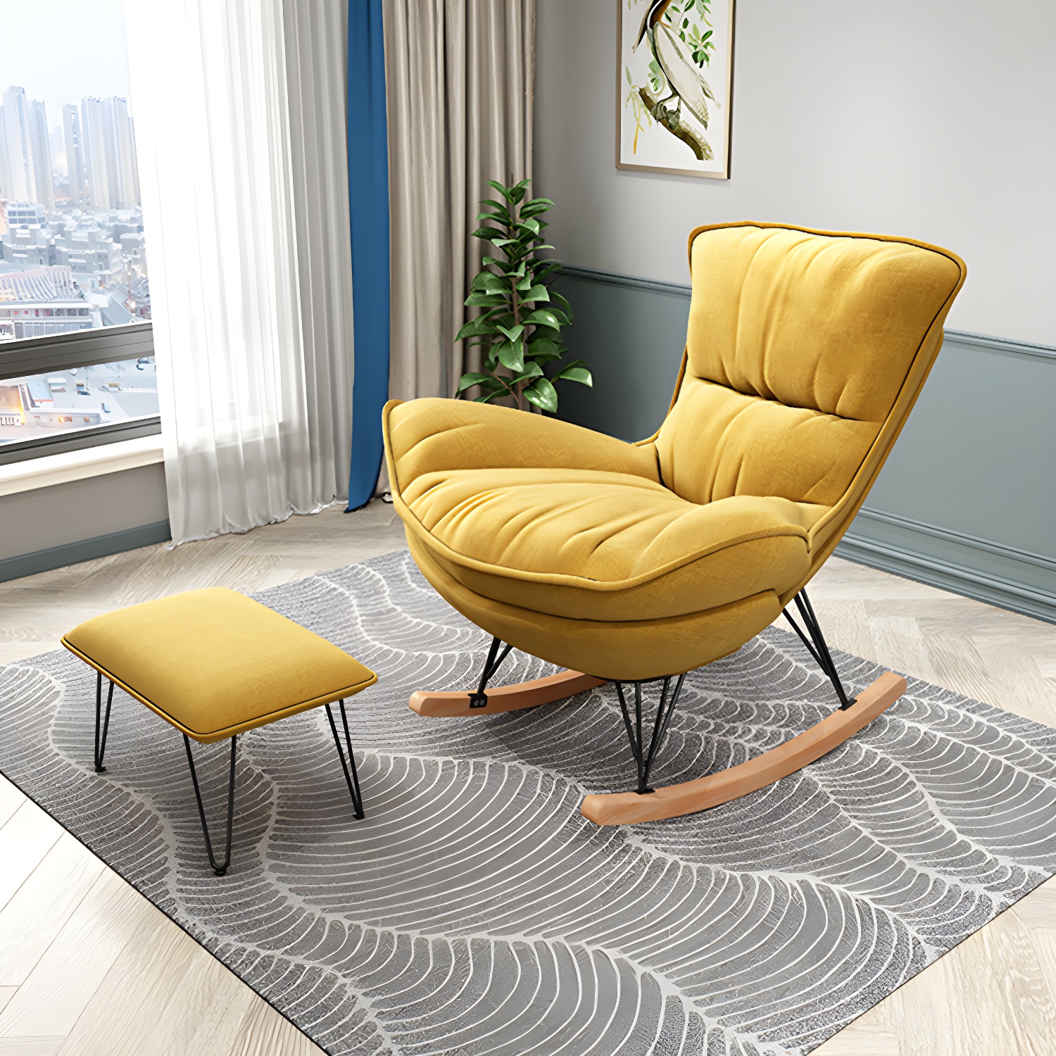 Stylish Modern Indoor Rocking Chair with Ottoman - Upholstered Seat and Natural Wood Legs - image 10