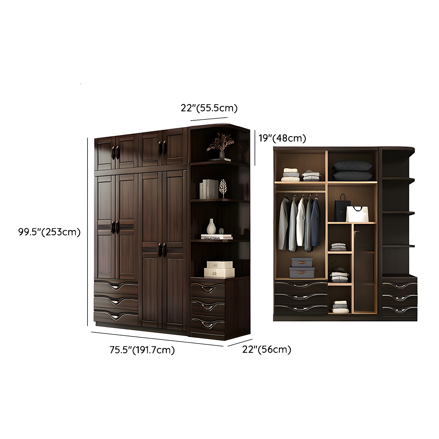 Traditional Black-brown Storage Wood Wardrobe with Clothing Rod and Shelves - image 22