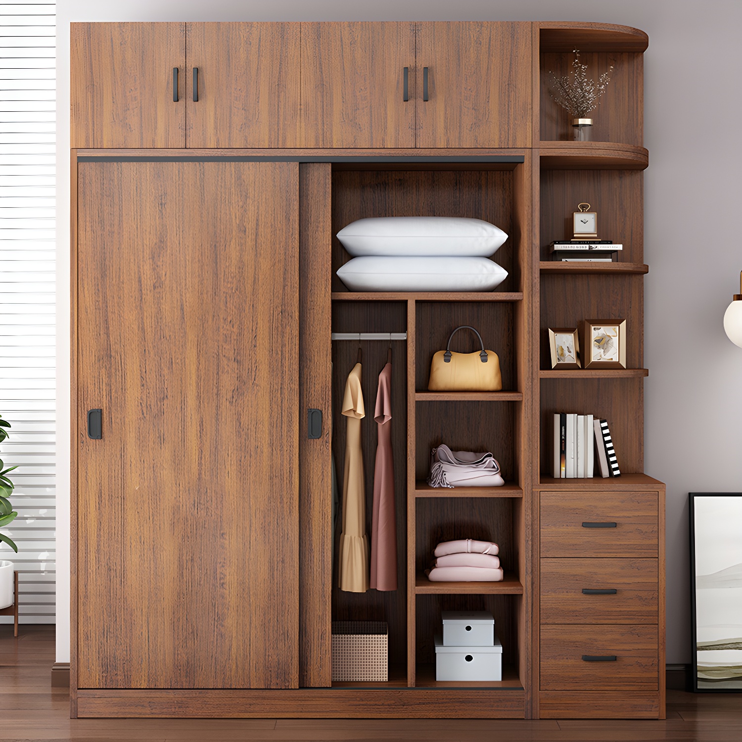 Solid Wood Frame Wardrobe Freestanding Wardrobe with Sliding Doors - image 3