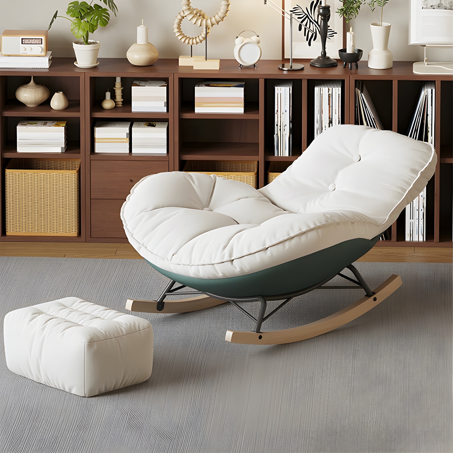Contemporary Upholstered Rocking Chair with White Tufted Flannel Cushion and Solid Wood Legs - image 14