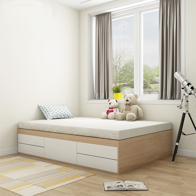 Wood Color Platform Storage Bed with Timber Bed Panel in a Modern Simple Style