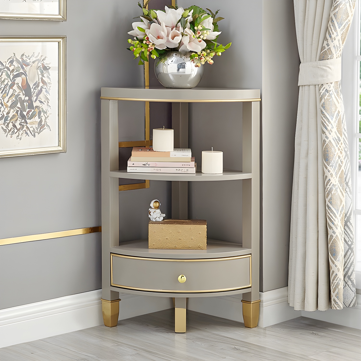 Unique Gold Beech Wood Corner Accent Cabinet with 1 Drawer and Open Shelves - image 4