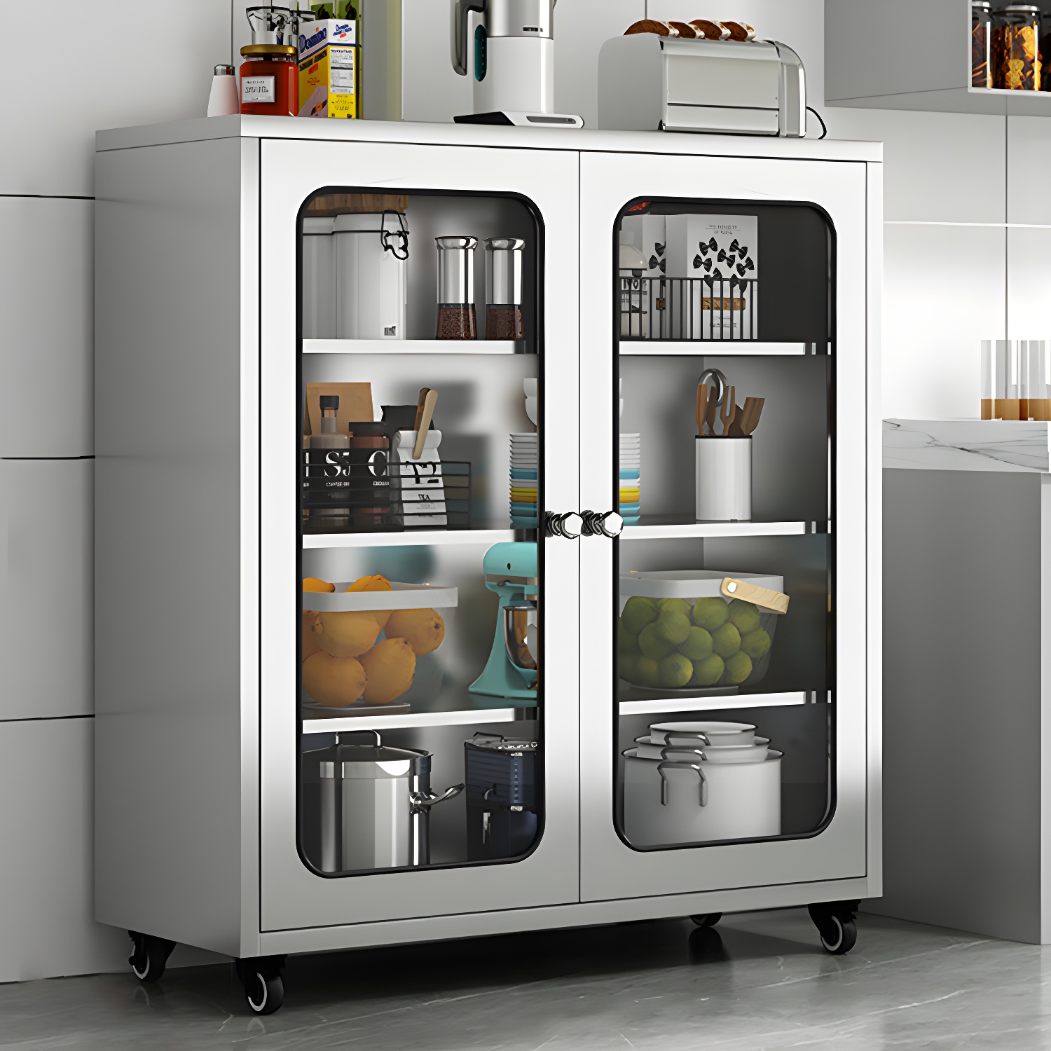 Chrome Stainless Steel Sideboard Cabinet with Cabinets, Adjustable Shelves, and Glass Doors