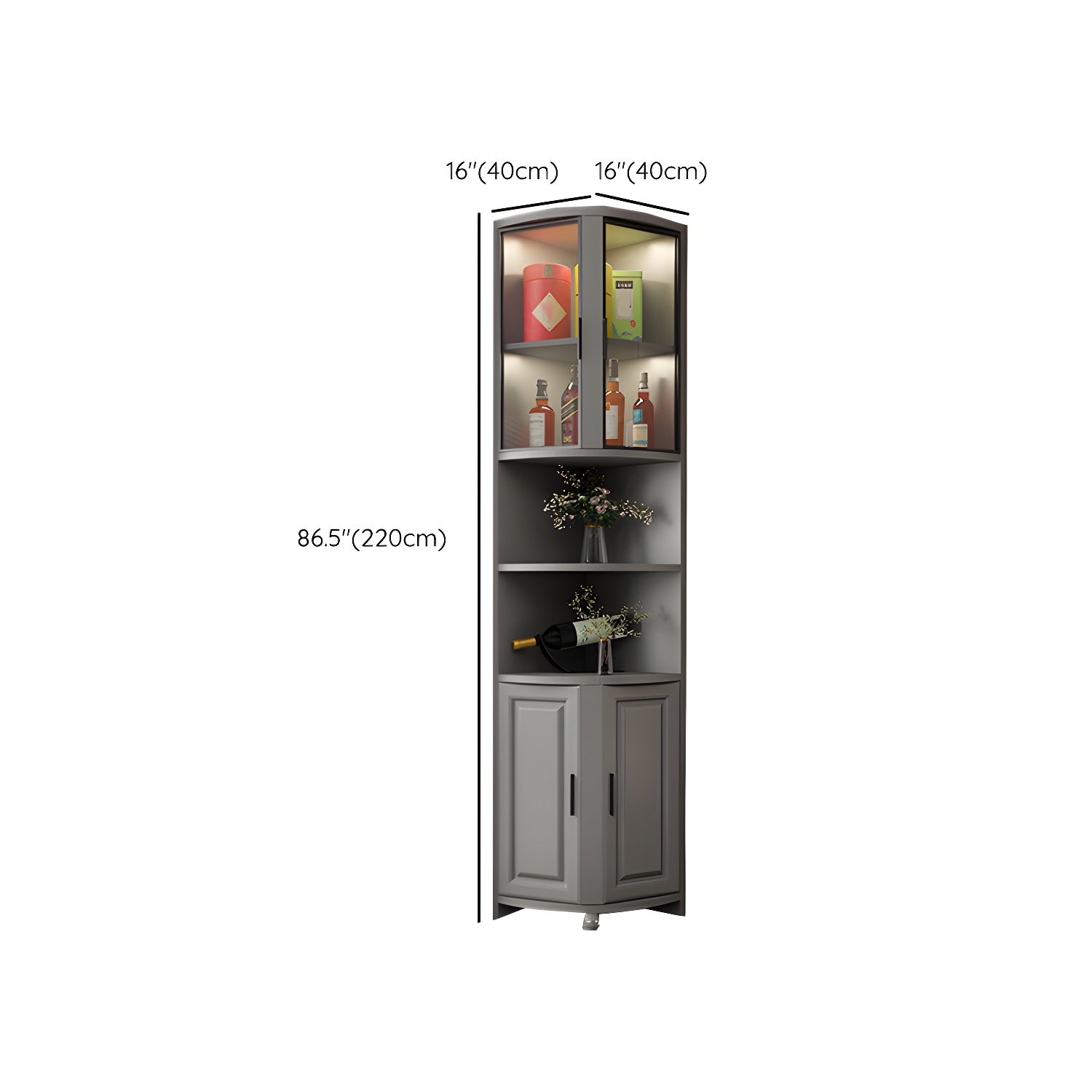 Modern Grey Corner Accent Cabinet with Glass Doors and 8 Interior Shelves - image 13