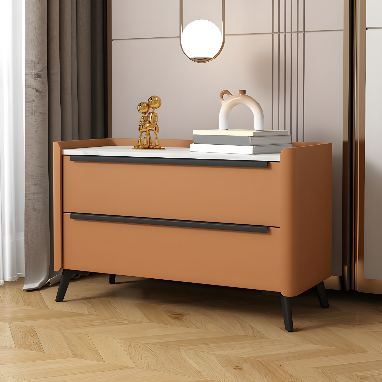 Modern Faux Leather Top Nightstand with Two Drawers and Stone Countertop - image 6