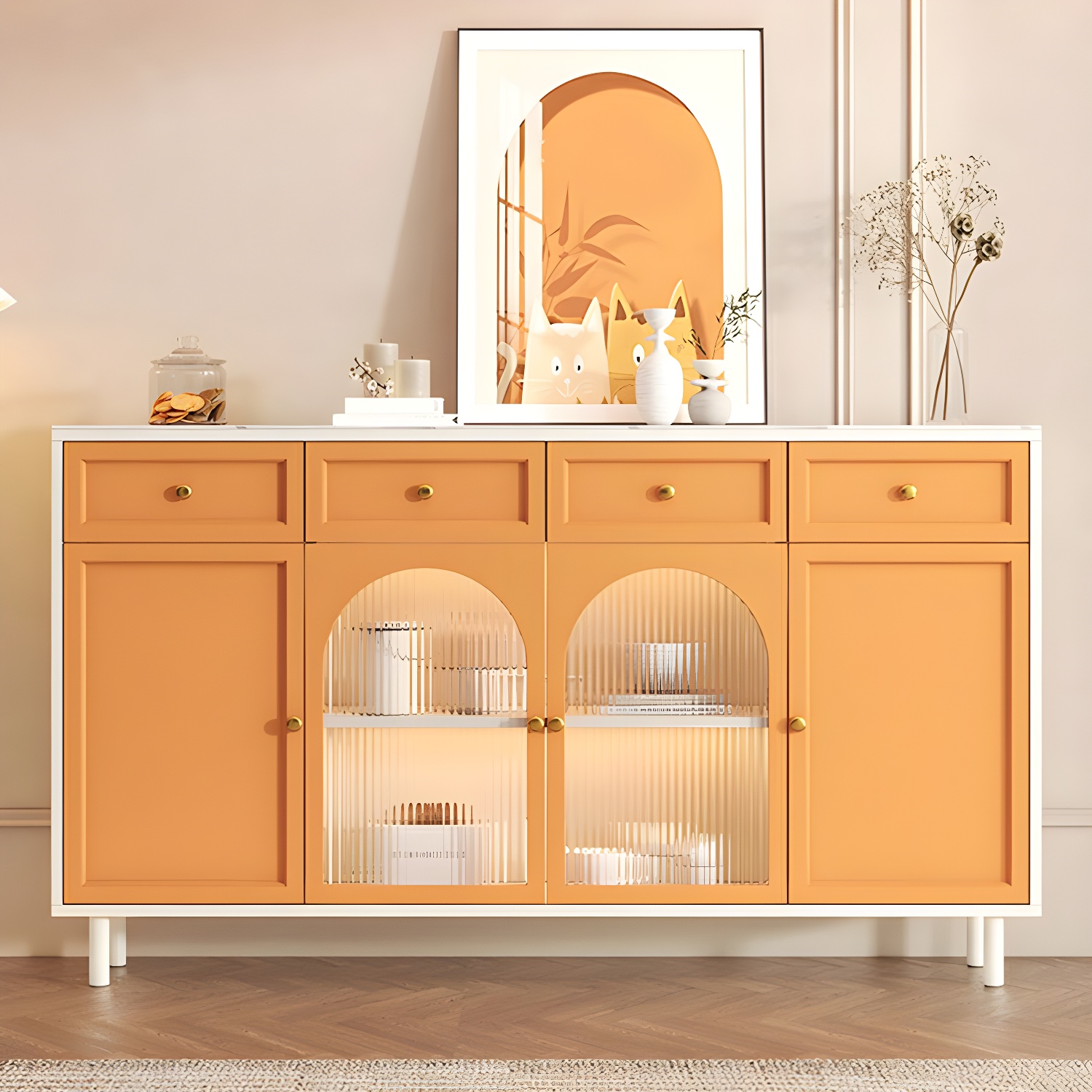 Scandinavian Wood Buffet Sideboard with Stone Countertop and Glass Doors - image 5