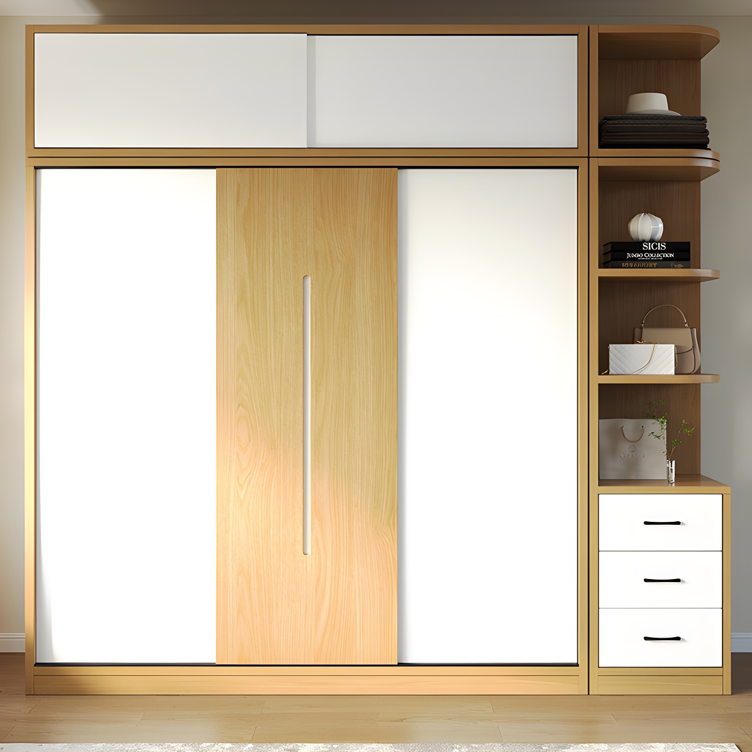 Natural Color Minimalist Cabinet Armoire with Soft Close Drawer, Soft Close Door & Interior Shelves