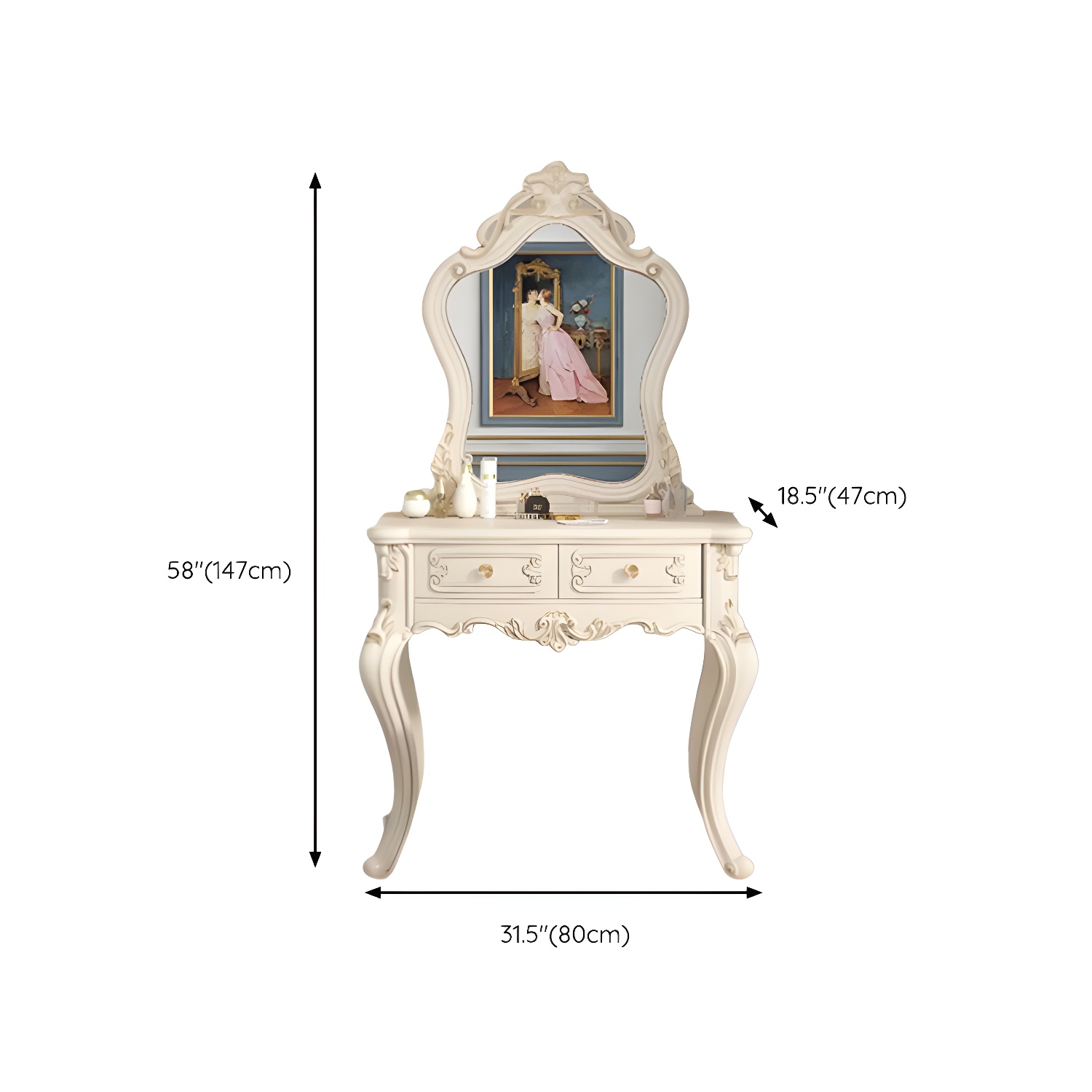 Elegant White Victorian Makeup Vanity Set with Wood Top & Mirror & Drawers & Upholstered Chair - image 16
