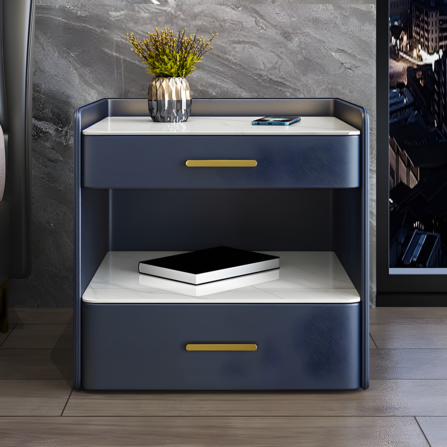 Stone Bed Nightstand Open Storage Bedside Cabinet with Drawers