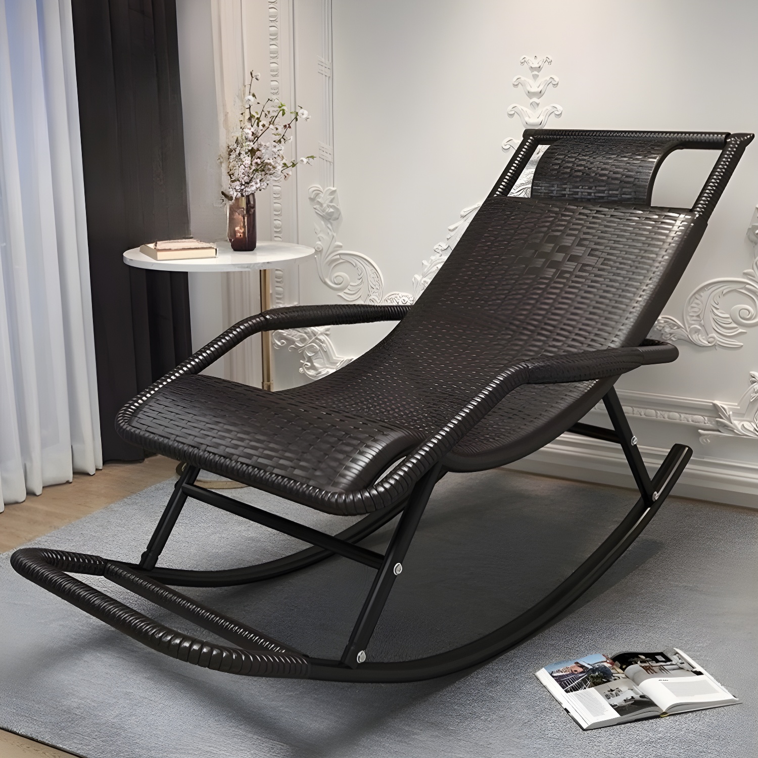 Traditional Black Metal Frame Rocking Chair with Spindle Back and High Weight Capacity