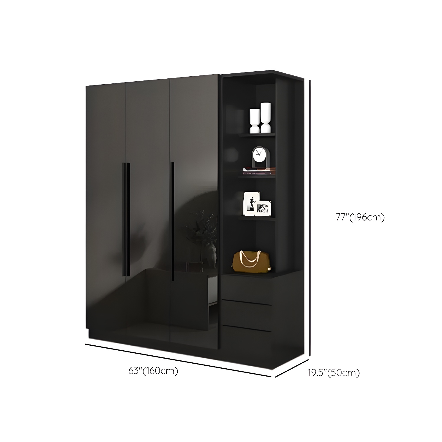 Modern Glass Doors Wardrobe Cabinet Black Bedroom Storage Cabinet Excluding Lighting - image 16