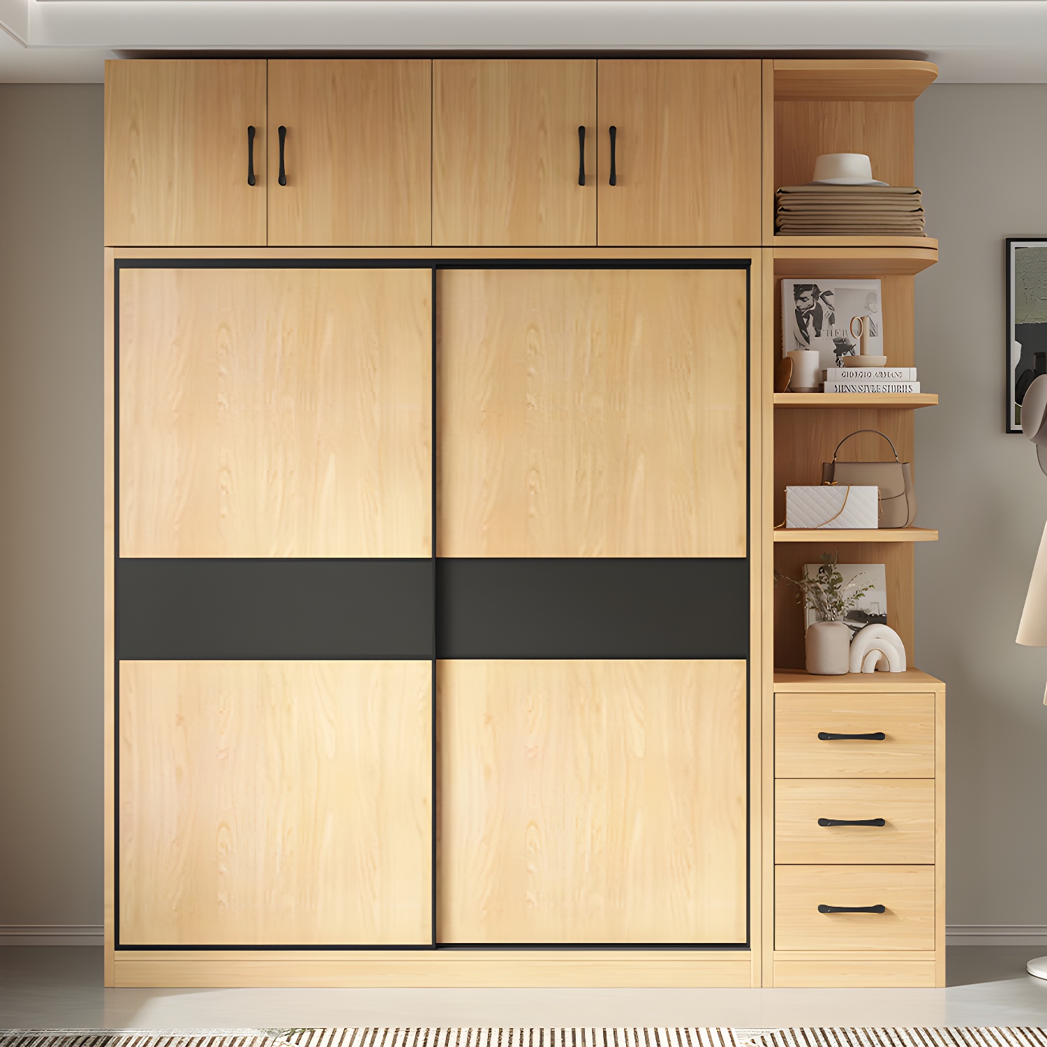 Light Wood Wardrobe Armoire with Sliding Doors, Clothing Rod, and Soft-Close Drawers - image 10