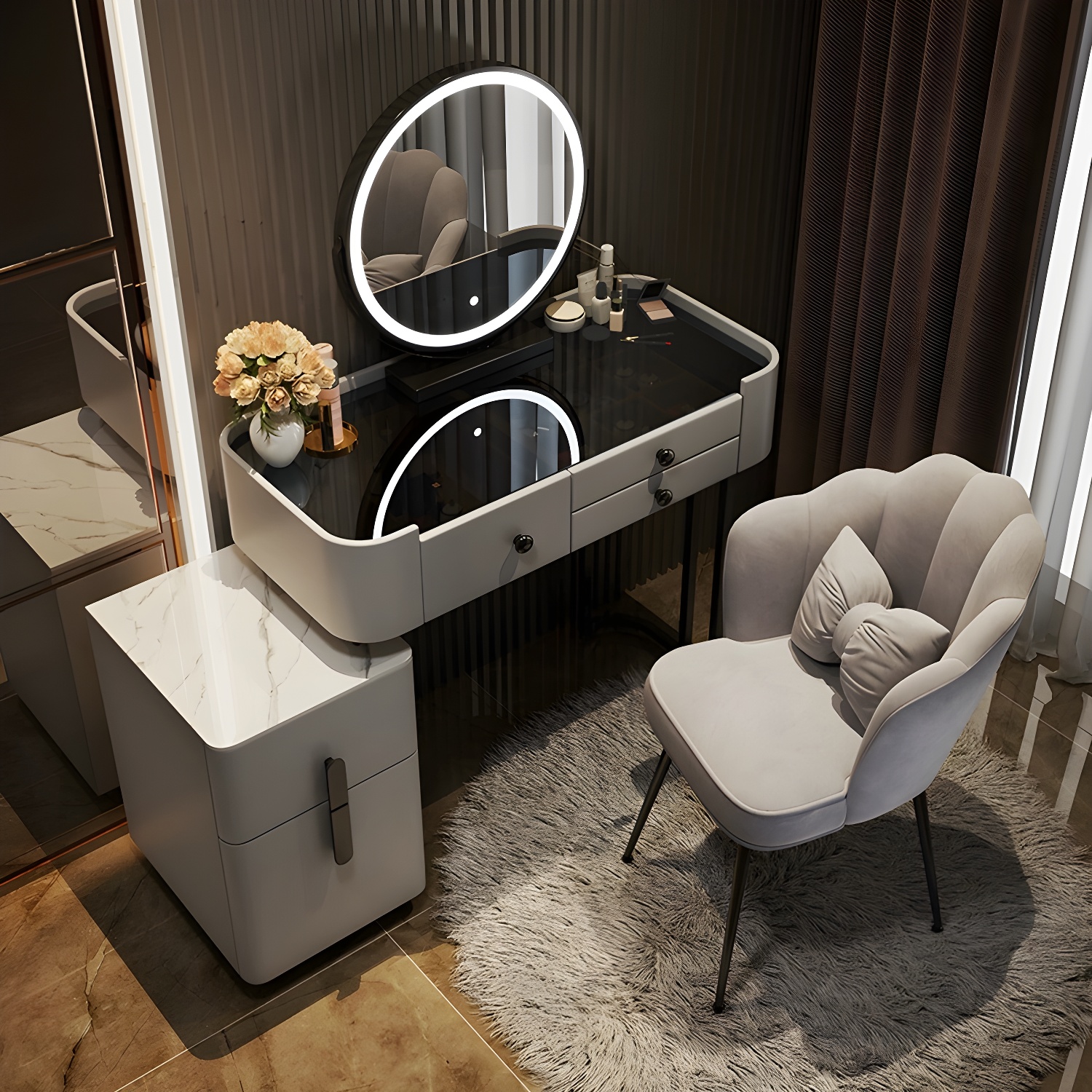 Contemporary Slate Countertop Adjustable Makeup Vanity with Drawers for Bedroom