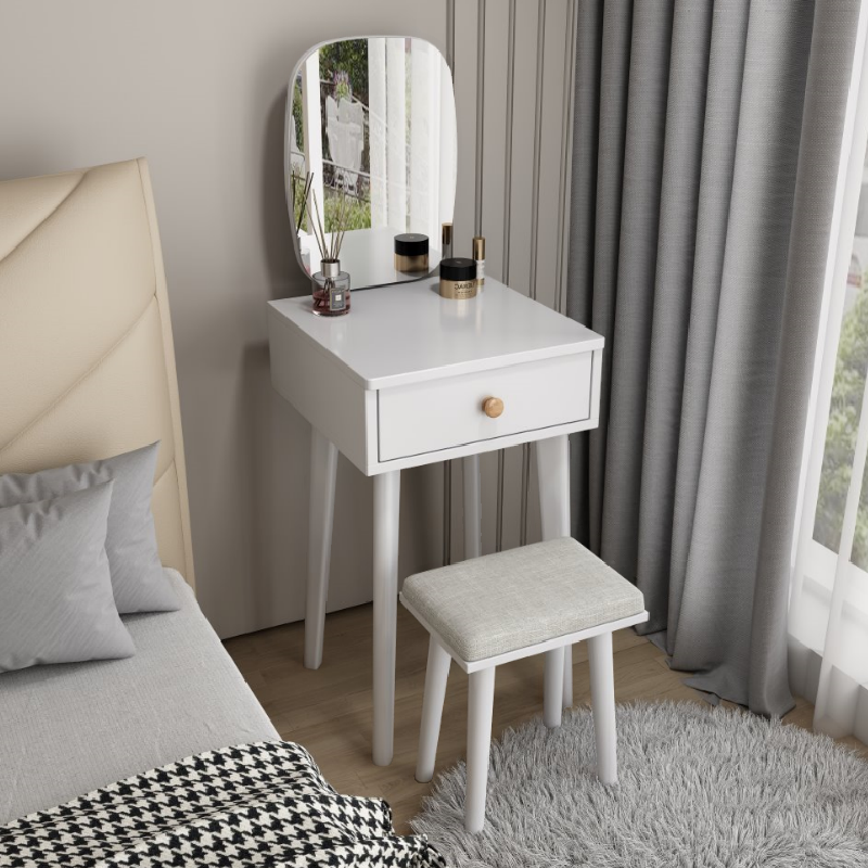 Modish Small/Standard Vanity Set with White/Auburn/Natural Color Chair, 1 Drawer/2 Drawers, Rubberwood Frame, and Standing Mirror - image 3