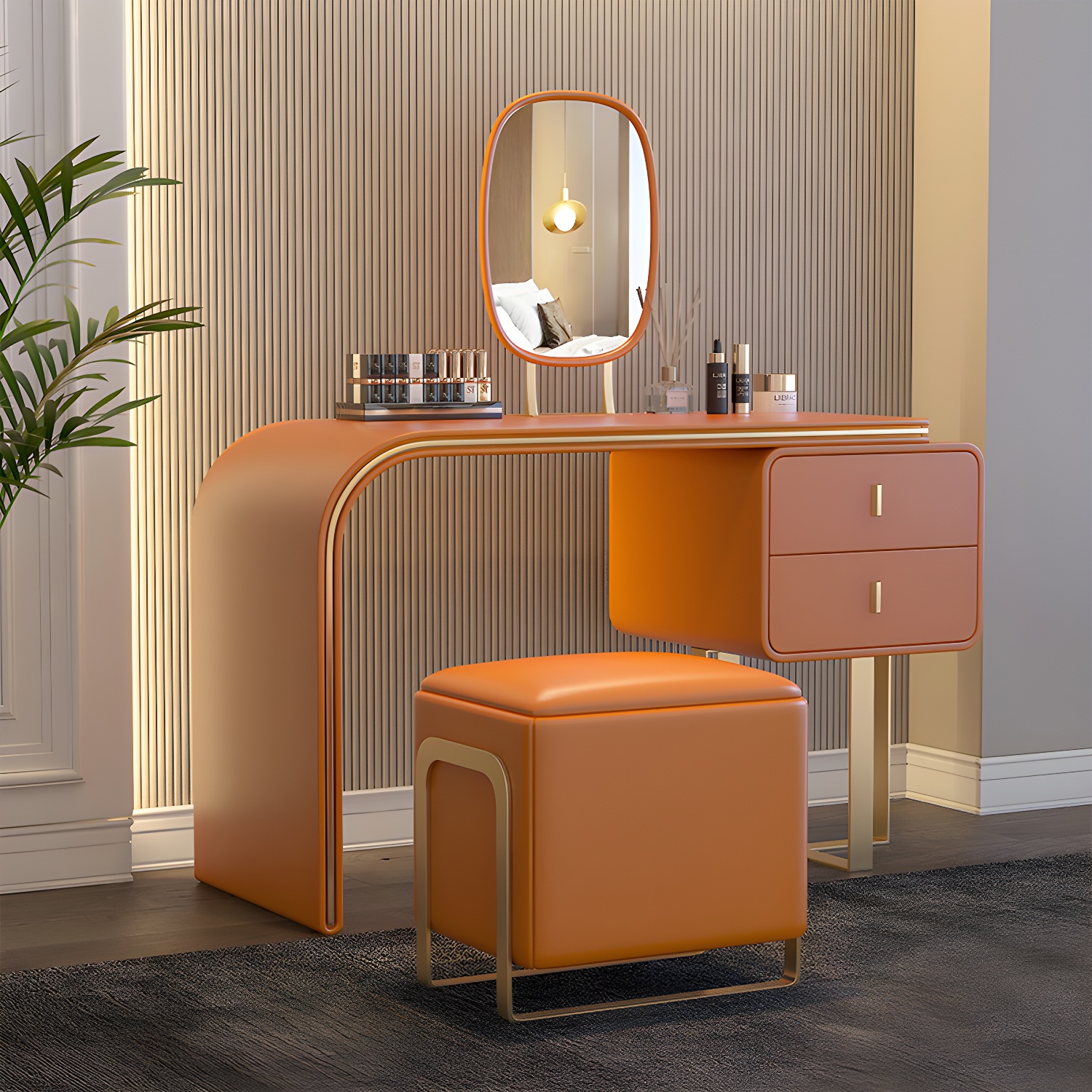 Glam Vanity Set With Drawer Leather Mirror Bedroom Make-up Vanity - image 6