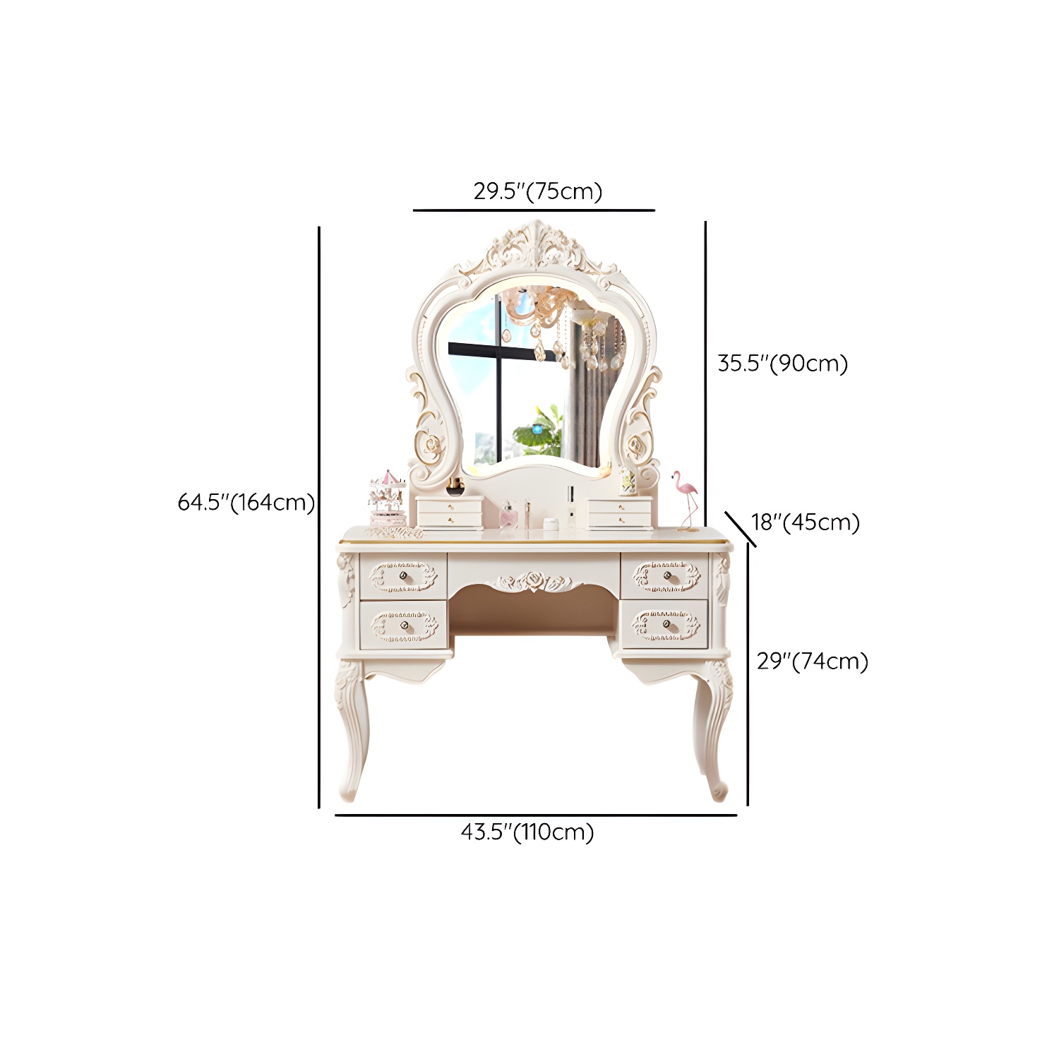 White Victorian Wood Vanity Dressing Table with Drawers Mirrored Makeup Vanity - image 18