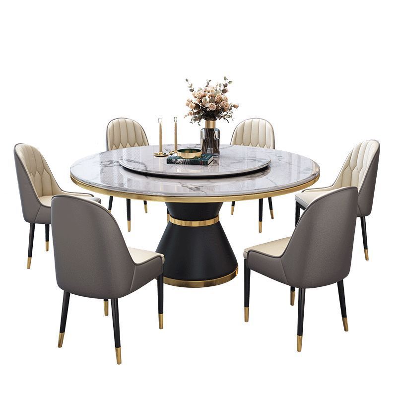 Circular Slate Dining Table Set with Pedestal Base, Upholstered Swivel Chairs, and Upholstered Back - image 2