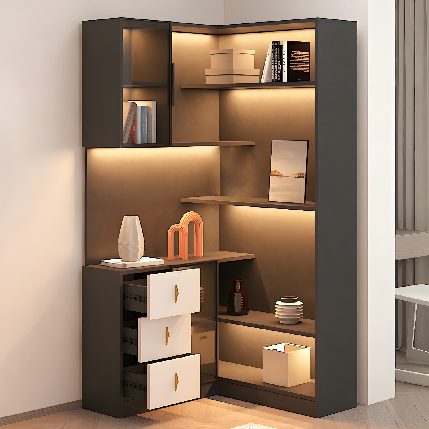 Corner Modern Accent Cabinet with Wood Counter Top, Glass Doors, Drawers, and Adjustable Shelves - image 3
