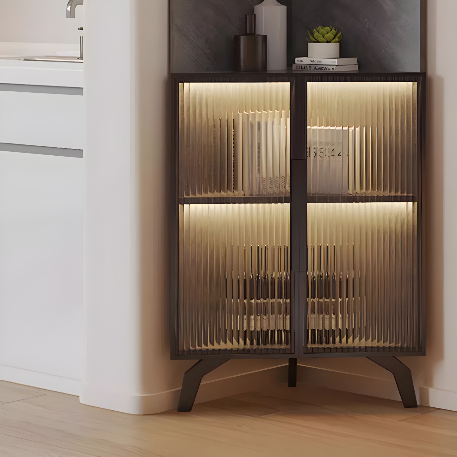 Modern Corner Glass Door Accent Cabinet with Black Metal Base - image 9