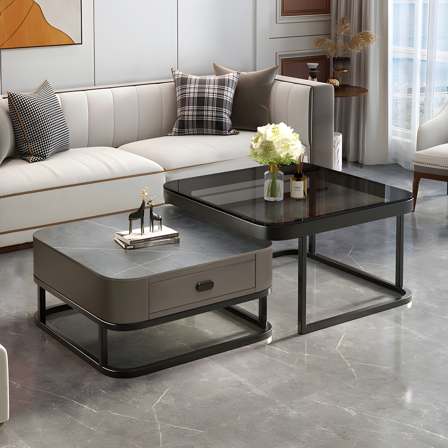 Modern Coffee Table Glass Top Square Nesting Coffee Table Set