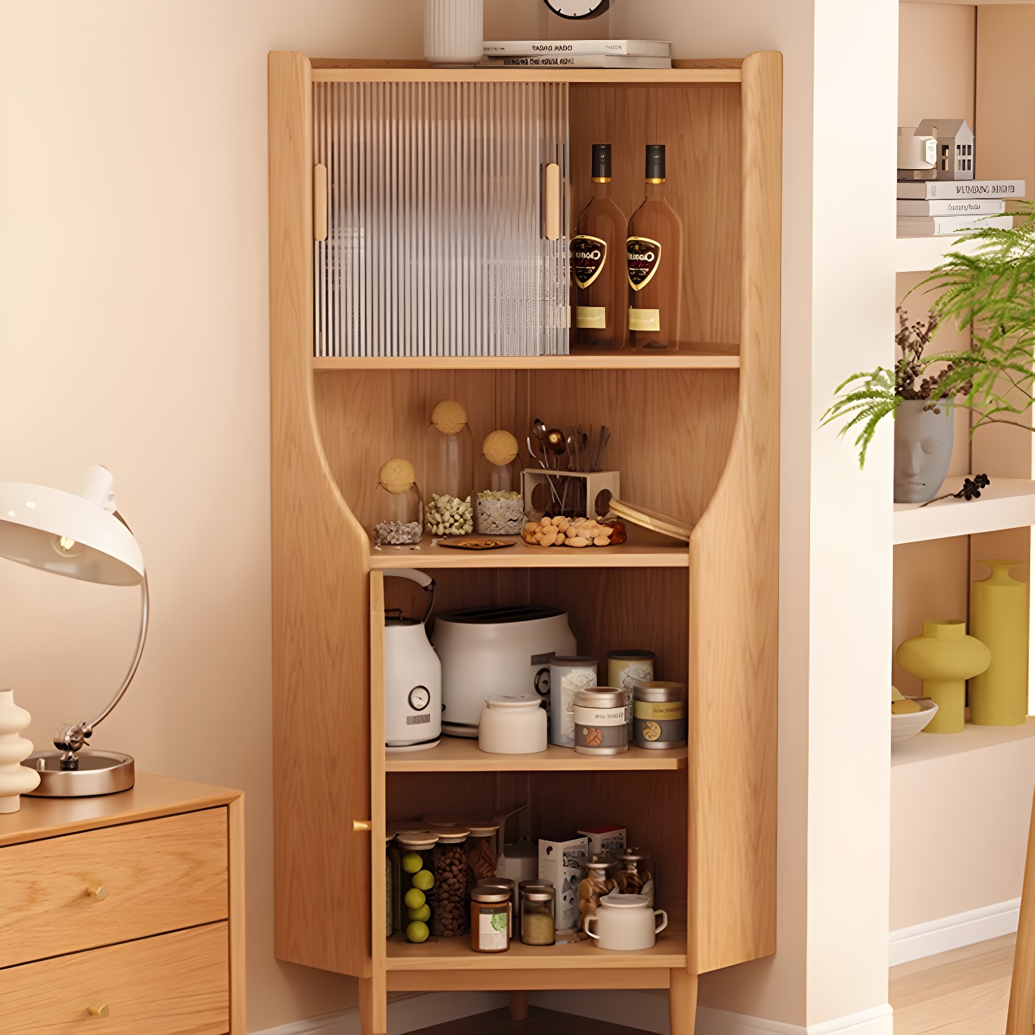 Corner Scandinavian Accent Cabinet with Wood Counter Top and Glass Doors, 2 Exterior Shelves - image 4