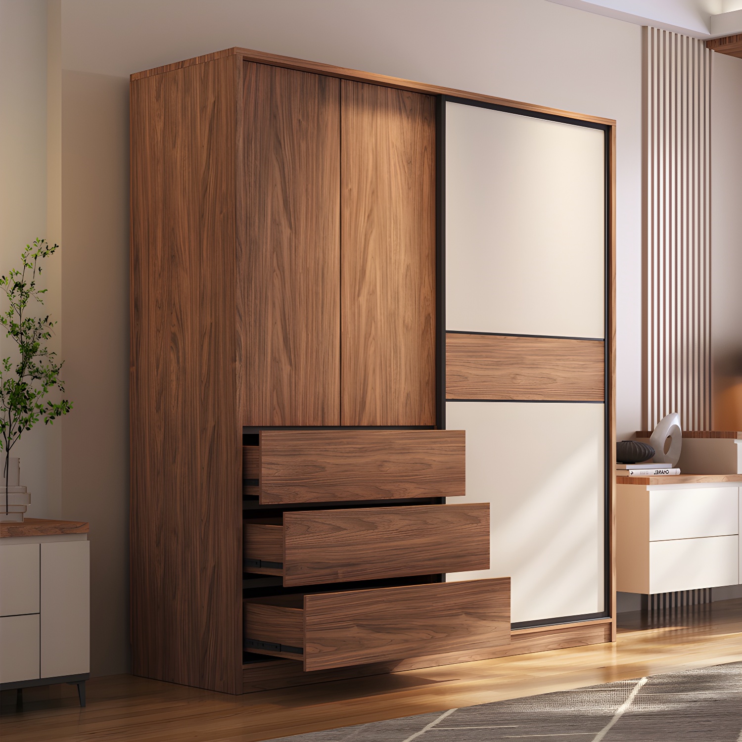 Modern Freestanding Wardrobe Brown Wood Wardrobe Armoire with Drawers