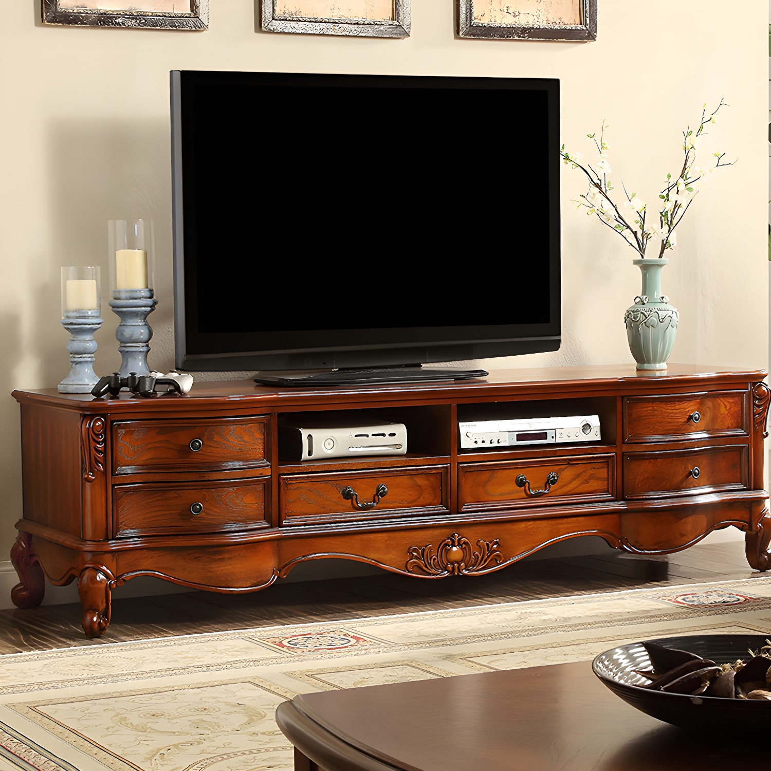 Brown Wooden TV Stand Console Traditional Style Home TV Cabinet with Drawers - image 11