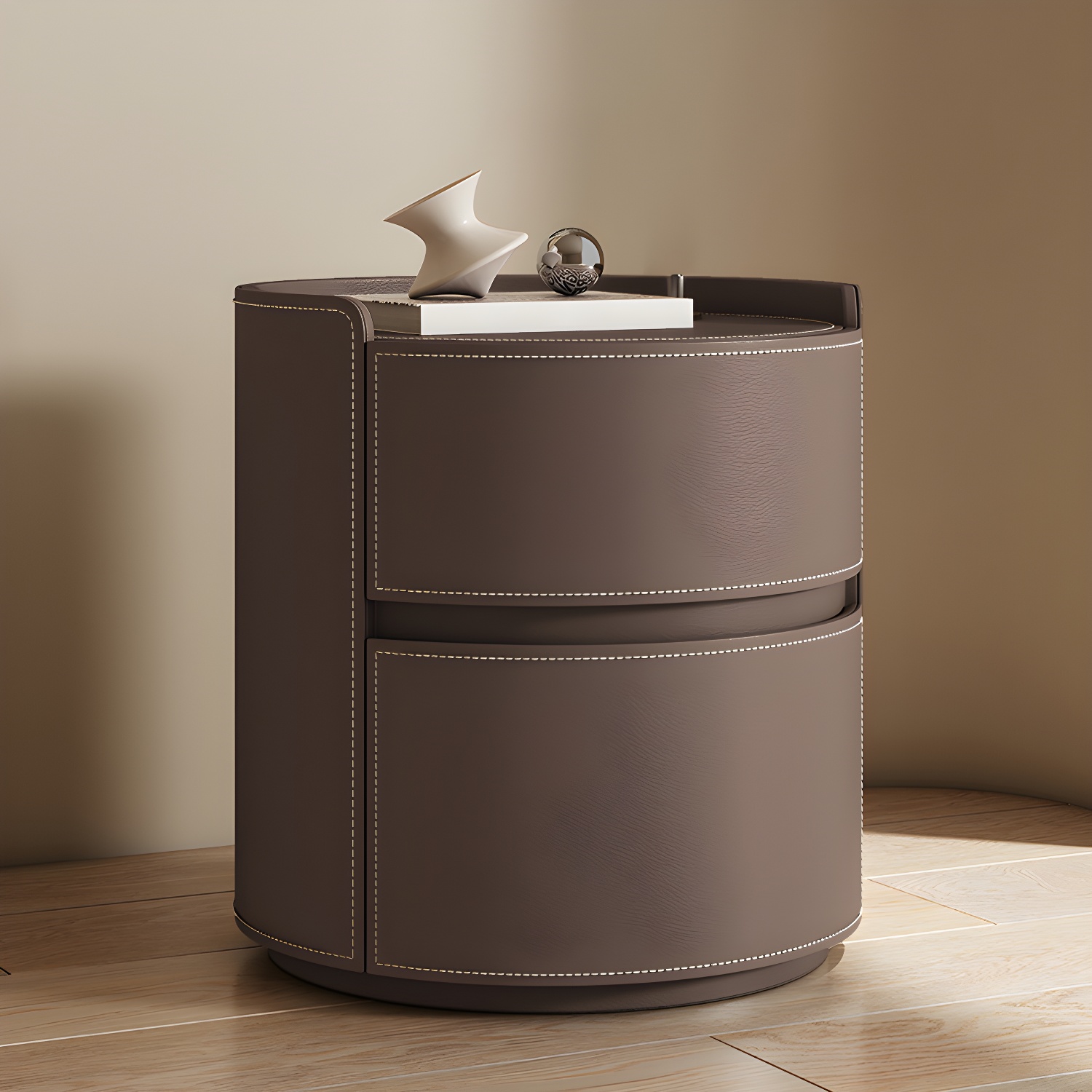 Modern Faux Leather Nightstand with 2 Drawers in Light Wood Tone