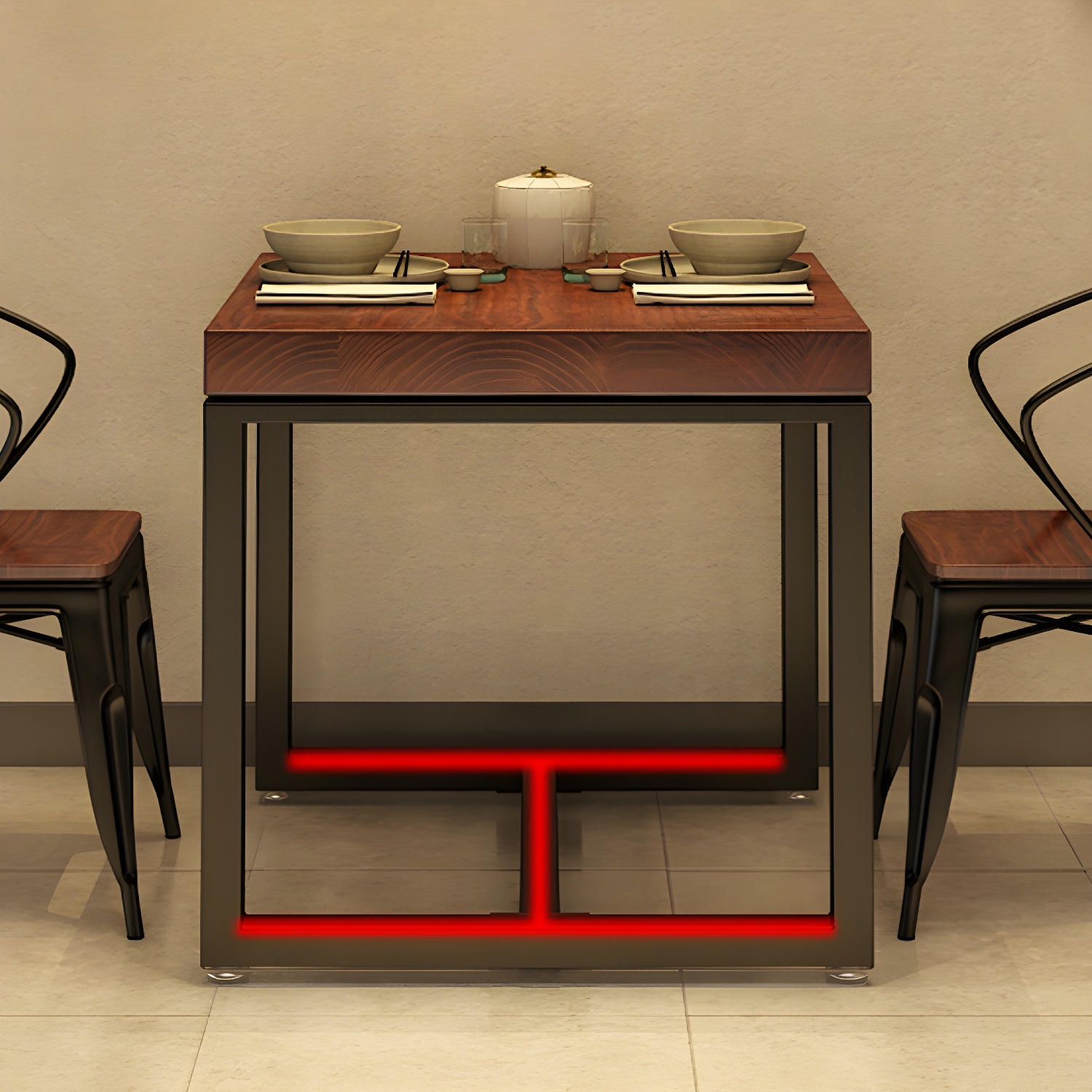 Solid Wood Top Dining Table Industrial Square Black Iron Trestle Base Table - image 8