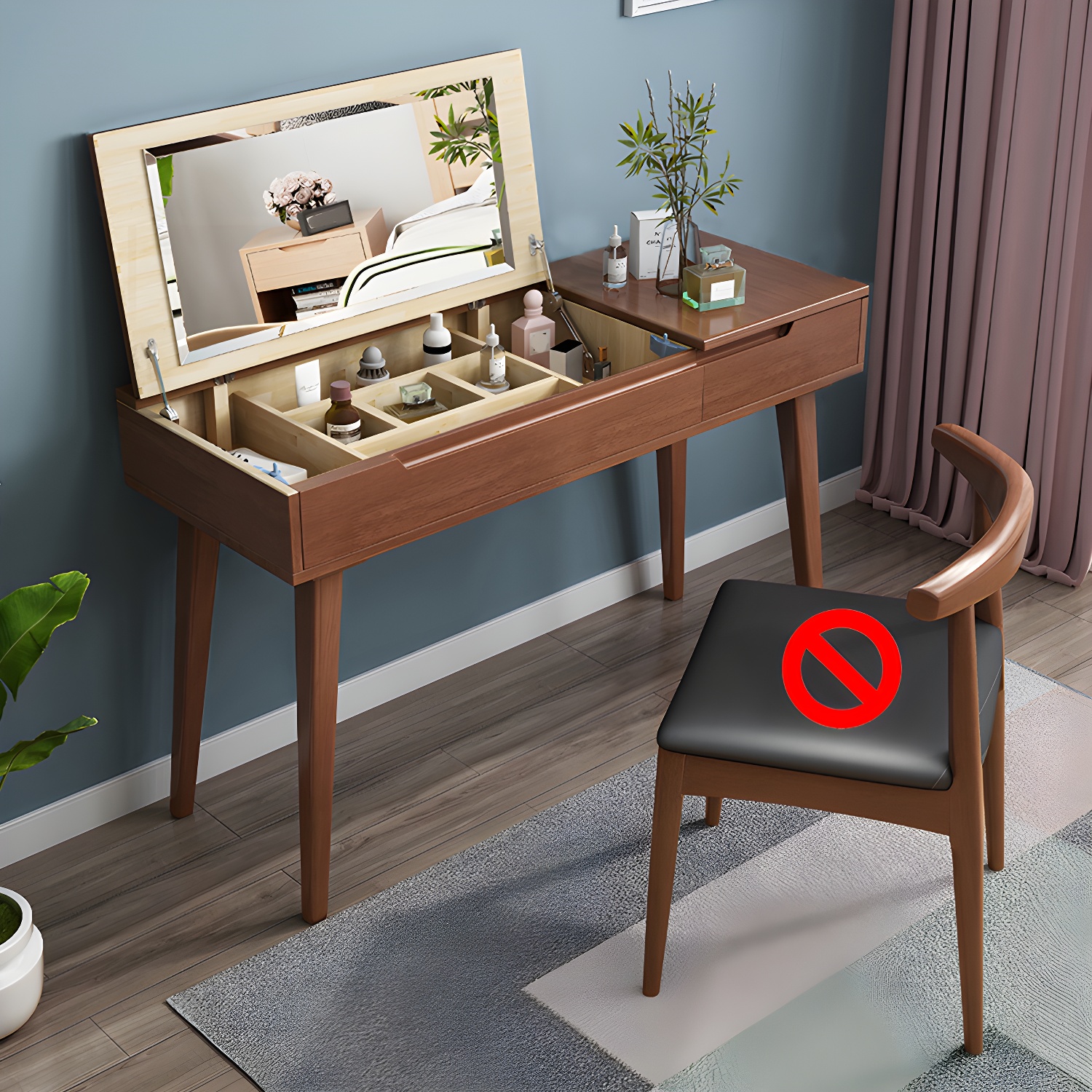 Scandinavian Solid Wood Vanity Makeup Table Set 1 Drawer Flip-Top Dressing Table