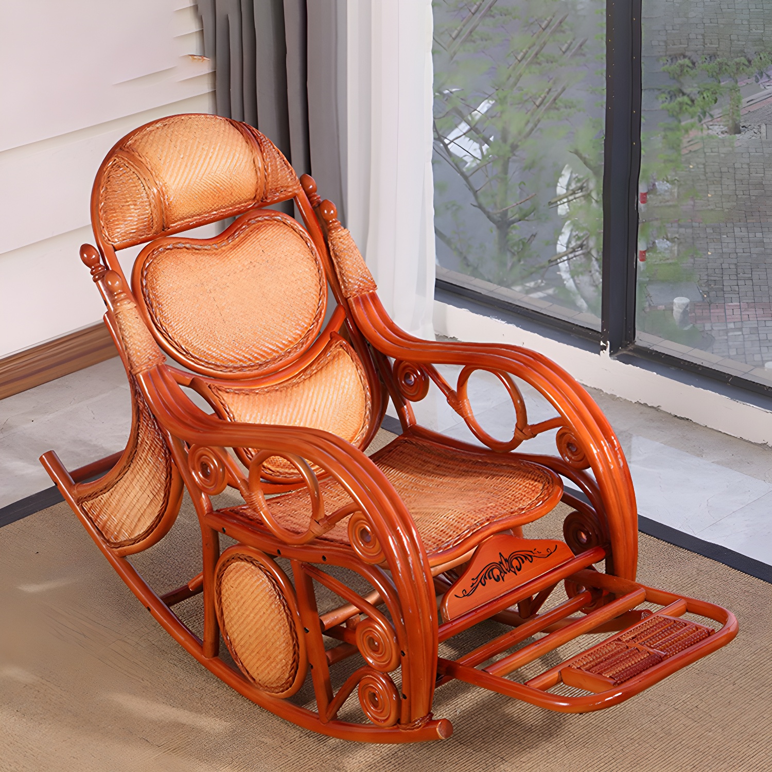Traditional Spindle Rocking Accent Chair Tobacco Finish Rocker Chair Reclining - image 11
