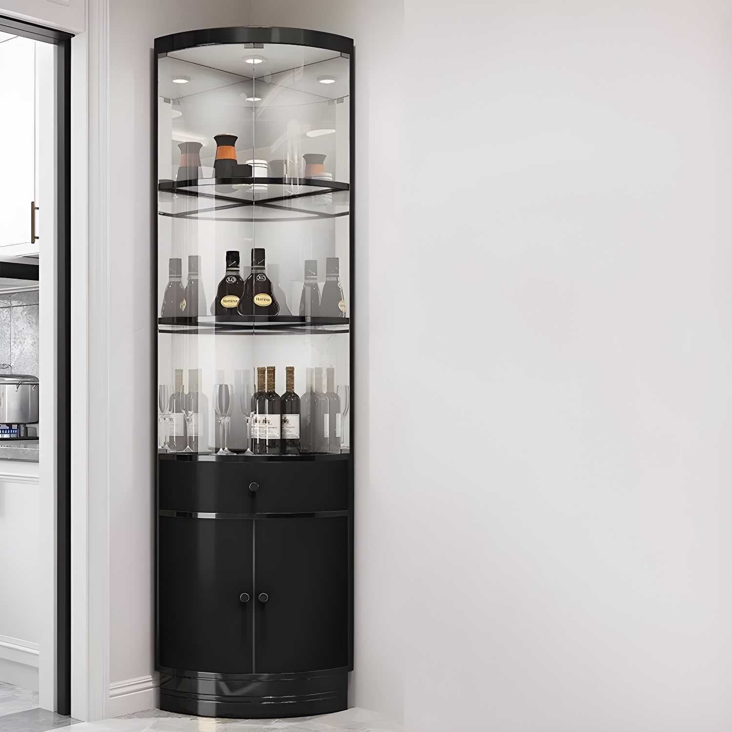Corner Modern Accent Cabinet with Wood Counter Top, Glass Doors, and Metal Base