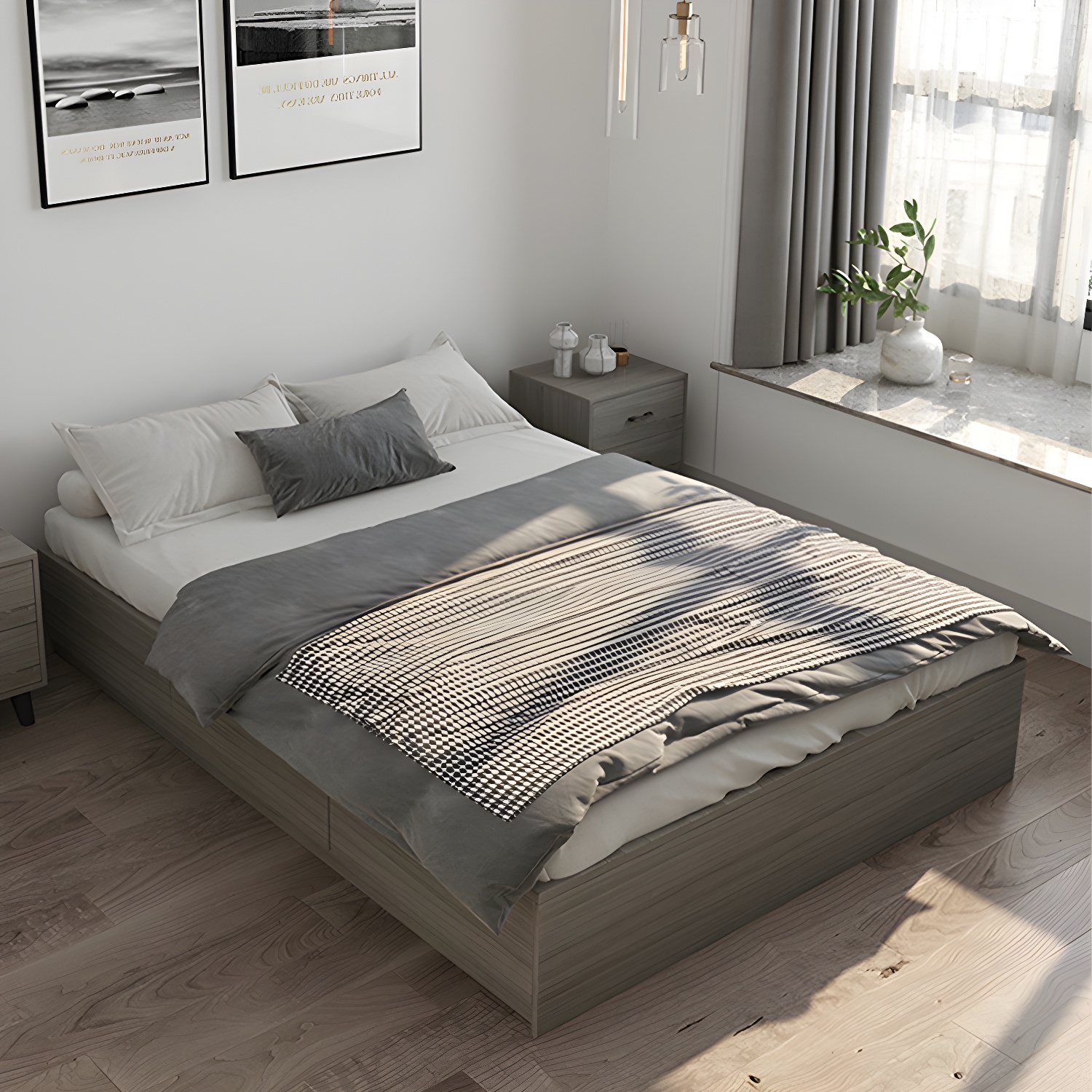 Light Brown Platform Bed Scandinavian 13.77" Tall Bed Frame with Storage Drawers