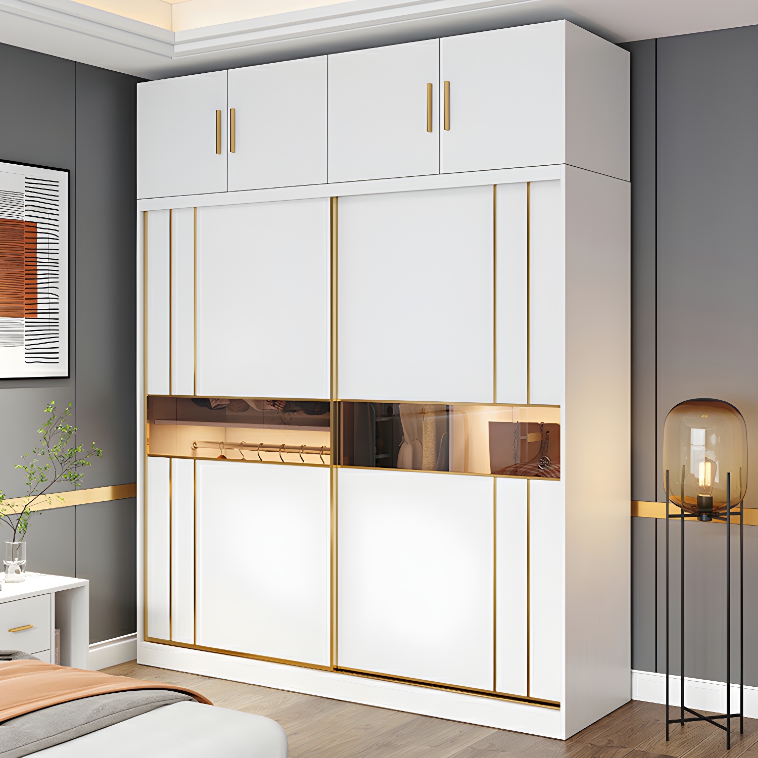 Modern White Wardrobe Armoire with Mirror, Drawers & Clothing Rod - image 12